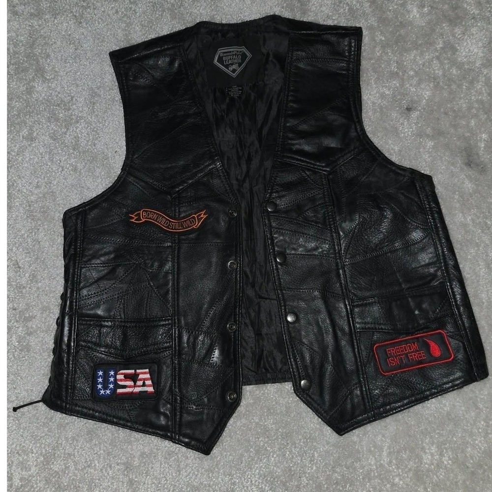 Diamond Plate Leather Vest Mens Medium Black Biker‎ Patchwork #Motorcycle - Picture 3 of 10